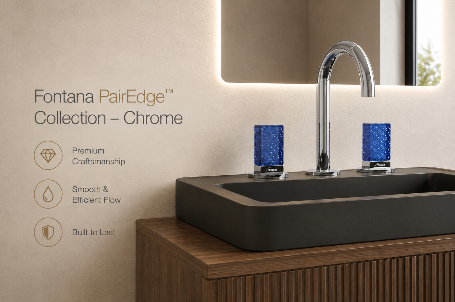 Fontana PairEdge Collection Chrome Thermostatic Two Handle Basin Faucet with Blue Crystal Handles